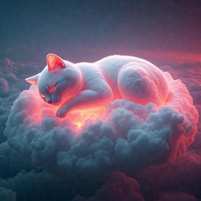 The primary subject of the image is a white cat lying on a cloud. The cat appears to be sleeping or resting on the cloud, which is a prominent feature in the scene. The setting is a cloudy sky, and the visual style is a digital art or illustration. The dominant colors in the image are white and red, giving the scene a warm and cozy atmosphere.